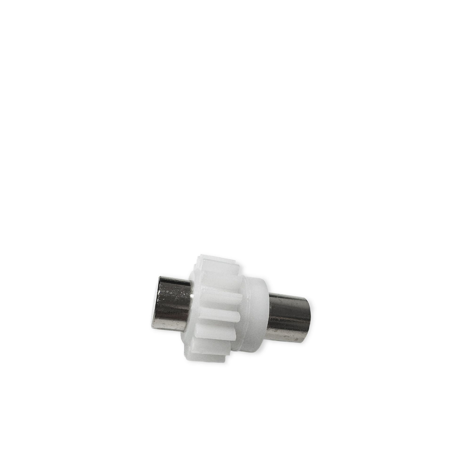 White plastic gear on metal shaft, product photo