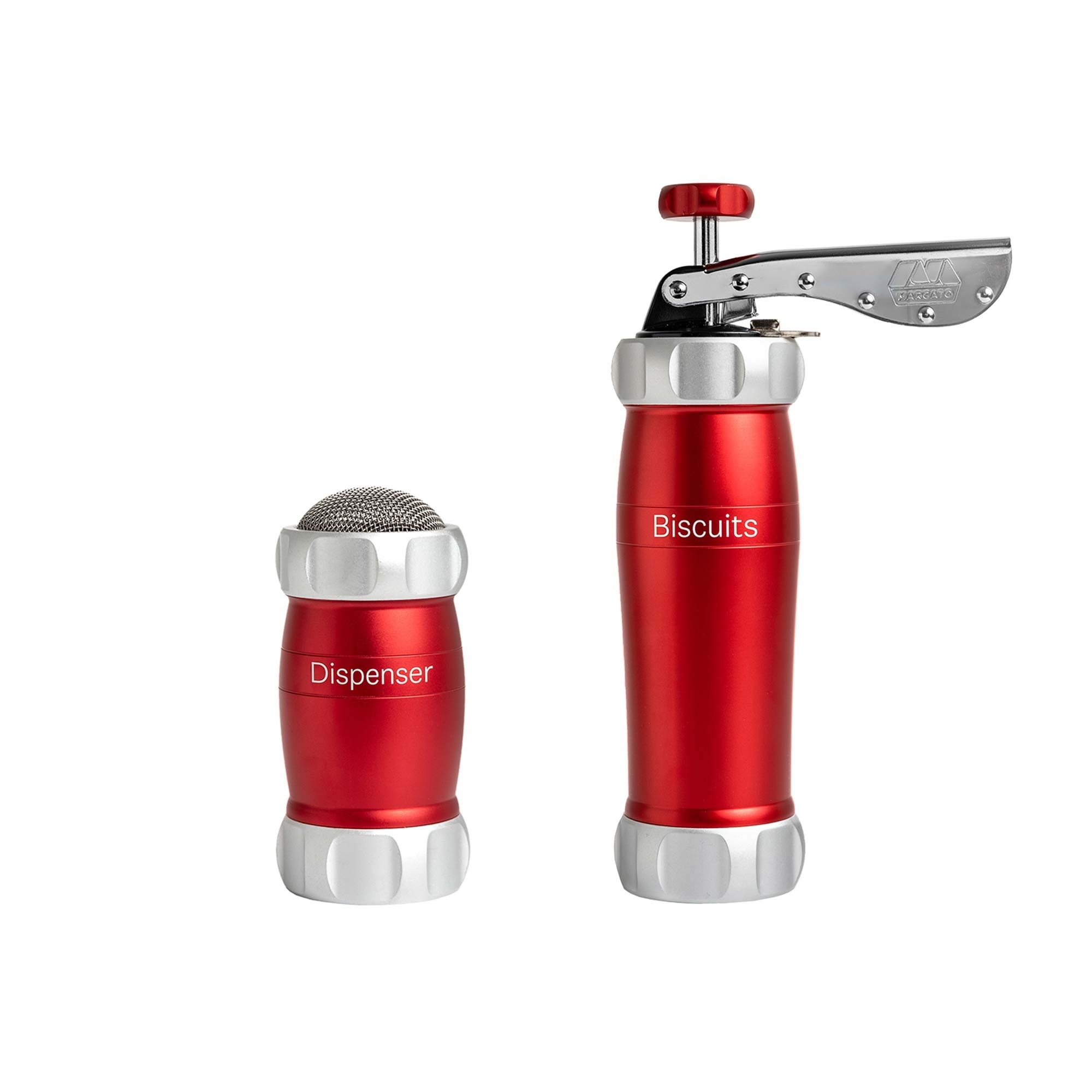 Red cookie press with matching dispenser set